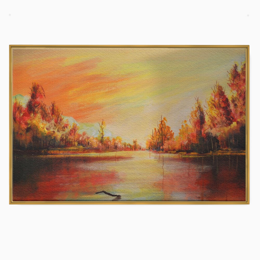 Tablou canvas cu pictura cu peisaj de toamna si lac, in rama de aluminiu auriu
